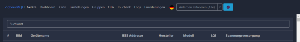 Screenshot Zigbee2MQTT-Oberfläche