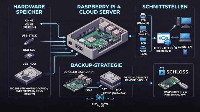 Eine isometrische, pixel-art-artige Übersicht auf schwarzem Hintergrund zum Thema "Raspberry Pi als Cloud- und Datenserver". Im Zentrum befindet sich ein Raspberry Pi in einem grauen Gehäuse. Links sind die Hardware-Optionen (SD-Karte, USB-Stick, USB-SSD und USB-HDD mit Energiesparmodus) abgebildet. Rechts sind die Schnittstellen und Protokolle (FTP, SFTP über Port 22, SCP, SMB und HTTP/HTTPS mit Nextcloud für Clients) dargestellt. Unten zeigt der Bereich der Backup-Strategie einen lokalen Backup-Pi mit rsync sowie ein verschlüsseltes Remote-Backup auf einen Raspberry Pi Zero W.
