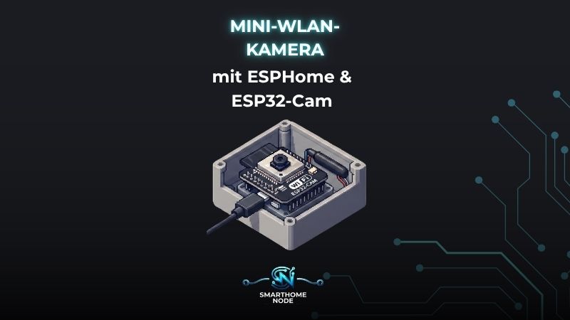 Isometrische Darstellung einer ESP32-Cam mit Wi-Fi-Modul und Kamera in einer grauen Anschlussdose mit Kabel, beschriftet mit "MINI-WLAN-KAMERA" und "SMARTHOME NODE"-Logo.