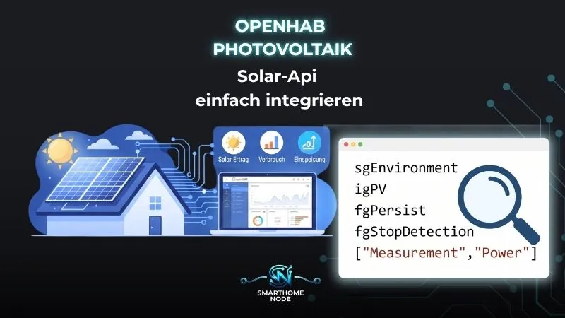 Grafik mit Haus, Solaranlage, OpenHAB-Dashboard auf einem Laptop sowie einem Code-Fenster mit Lupe; Überschrift "OPENHAB PHOTOVOLTAIK" und "SMARTHOME NODE"-Logo.