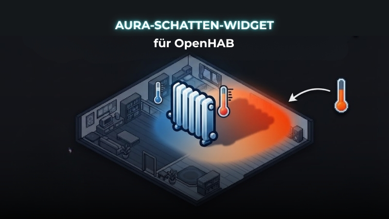 Ein isometrisches Pixel-Art-Grafikdisplay, das ein dunkles Wohnzimmer zeigt, in dem ein Heizkörper Aura-Schatten projiziert, um die Temperatur anzuzeigen. Über der Szene befindet sich der Text "AURA-SCHATTEN-WIDGET für OpenHAB". Der Heizkörper im Zentrum wirft links einen kühlen blauen Schatten und rechts einen warmen orange-roten Schatten, was auf einen Temperaturgradienten hinweist. Ein Thermometer-Symbol in der Nähe des Heizkörpers und ein weiteres rechts oben mit einem gebogenen Pfeil bestätigen die Funktion als Temperaturanzeige. Das gesamte Zimmer ist in dunklen Grautönen gehalten, was die leuchtenden Auren hervorhebt.