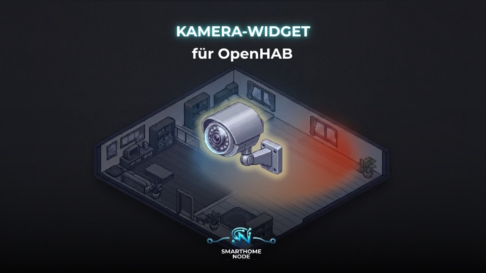 Ein isometrisches Pixel-Art-Grafik-Widget für OpenHAB, das eine dunkle Wohnzimmerszene zeigt. Oben befindet sich der Text "KAMERA-WIDGET" in leuchtendem Cyan und darunter "für OpenHAB" in Weiß. In der Mitte des Raumes ist eine Überwachungskamera auf einer Wandhalterung montiert, die von einer gelblichen Aureole umgeben ist. Der Raum wird durch einen diffusen, zweiseitigen Lichteffekt beleuchtet: ein kühles Blau links und ein warmes Rot rechts. Im dunklen Hintergrund sind isometrische Möbel wie Sofas, Bücherregale und Pflanzen zu sehen. Unten mittig befindet sich das leuchtende Logo "SMARTHOME NODE".